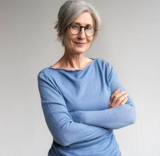 Sample profile concept of a mature woman in a blue top