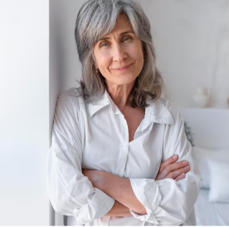 Sample profile concept of a mature woman in a white blouse