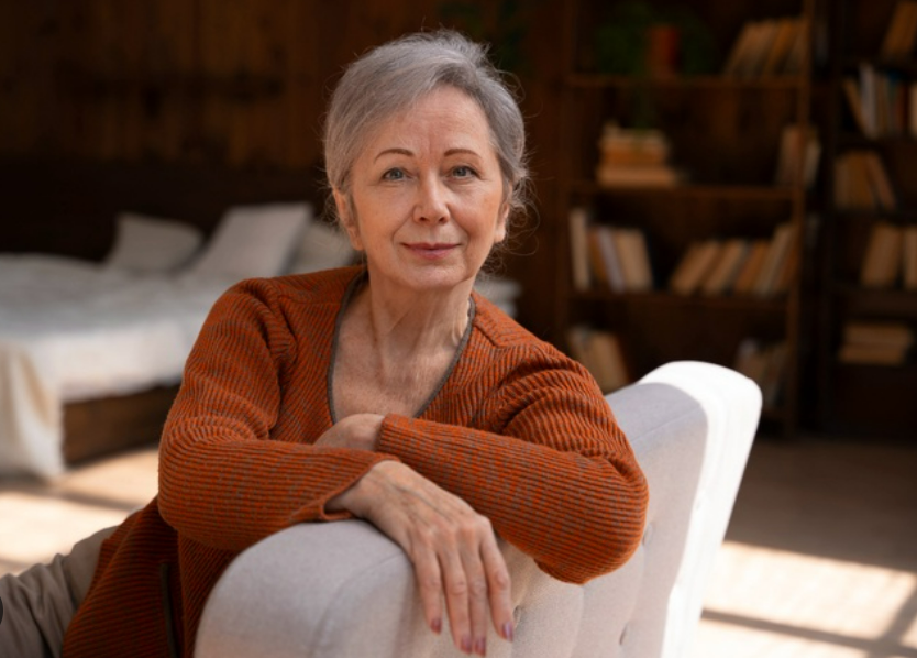 Profile portrait of a mature woman in an elegant outdoor setting